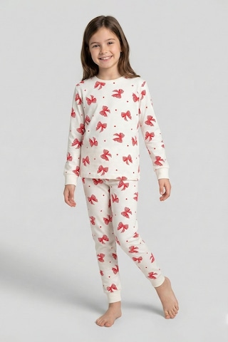 Ekru Renk Kırmızı Fiyonk Baskılı Kız Çocuk Pijama Takımı Ekru
