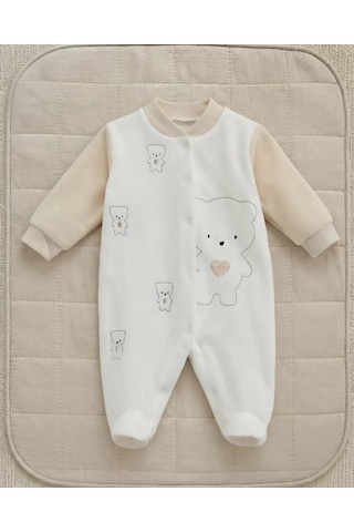 Genel Markalar Unisex Bebek Bej Ayıcık Detaylı Kadife Patikli Tulum