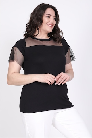 Myline Önü Ve Kolları Tül Detaylı Tişört