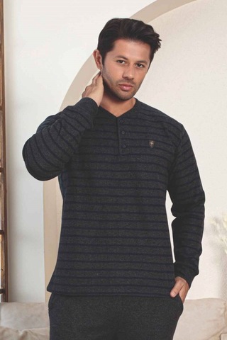 Erkek 3 Düğme Çizgili Kışlık Pamuklu Selanik Kumaş Uzun Manşetli Kol Cepli Pijama Takımı Lacivert-yeşil