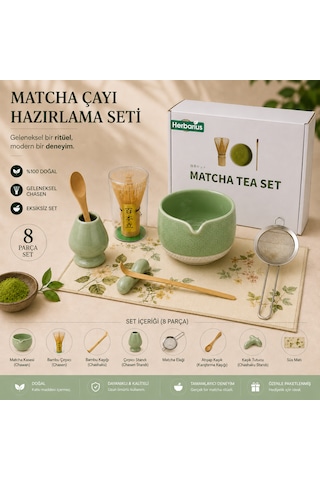 Herbarius 8 Parça Çiçek Desenli Balık Sırtı Kabartmalı Mint Yeşili Renk Matcha Çayı Hazırlama Seti - Geleneksel Japon Matcha Seti