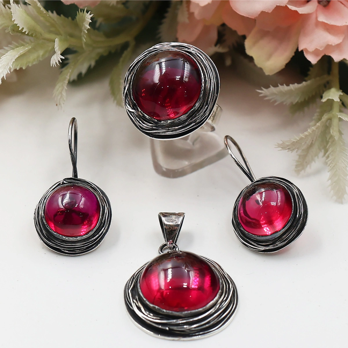 Özel Tasarım Lal Taşlı Sarma Gümüş Set Rose Gold - Gümüş