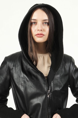 Dericlub Larissa Kadın Kapüşonlu Hakiki Deri Kaban Siyah Siyah