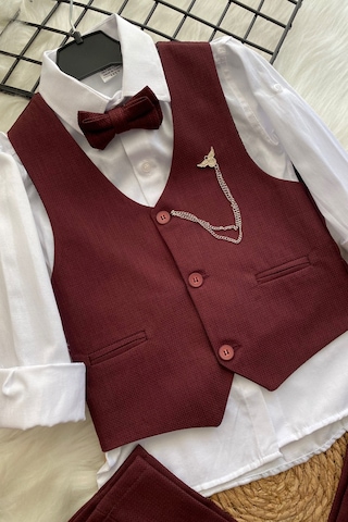 Lüks Planet Yelekli Papyonlu Erkek Çocuk Takım Elbise Bordo