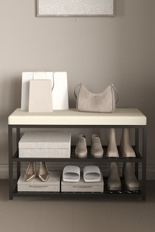 Aju Ayakkabılık Puflu Süngerli Oturaklı Metal Ayakkabı Rafı Modern Vestiyer Baklavalı Metal Tasarım Benc Krem