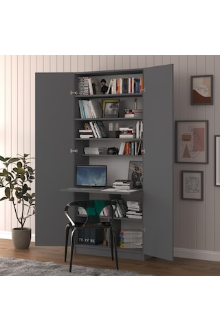 Asra Trend Modern Dolaplı Çalışma Masası MD001 %100 MDF Katlanır Raflı Ofis Yemek Masası Antrasit