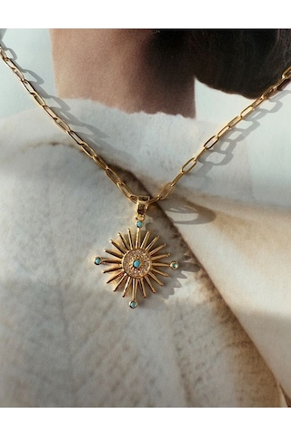 Firüze Taşlı Güneş Kararmaz Çelik Kadın Gold Kolye Modern Ve Şı Altın