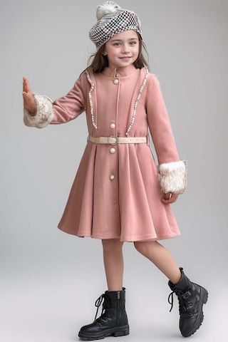 Riccotarz Kız Çocuk Kazayağı Desen Elbise Kolları Peluş Ve Omuzları İnci İşleme Kemerli Pembe Kaşe Kaban Pembe