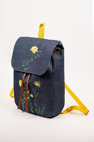 Fabric Craft Bag Sırt Çantası Kot Kumaş Çiçek Nakışlı Büzgülü Kot