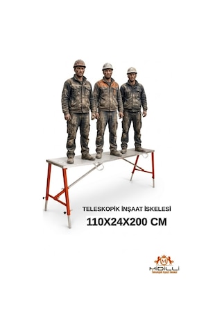 Alüminyum Gövdeli Çelik Ayaklı Teleskopik Katlanır İnşaat İskelesi - 400 Kg Taşıma Kapasitesi 110x24x200cm