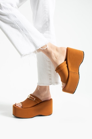 Dabab Shoes Lunara Kadın Taba 10 Cm Platform Topuk Tokalı Kalın Taban Terlik Sandalet
