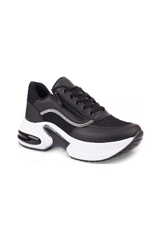 Modalendo 1511-26 Cilt Deri Simli Şeritli Anatomik Bağcıklı Kadın Sneaker Siyah Beyaz Siyah
