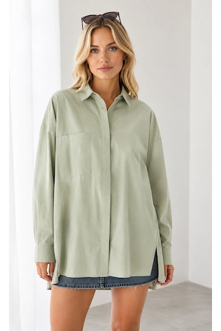 Mevese Menri Kadın Oversize Pensli Cepli Poplin Gömlek - Yeşil
