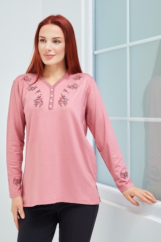 Fresh & Moda Fresh&moda Kadın Pembe V Yaka Düğmeli Çiçekli Likralı Anne Penye 001