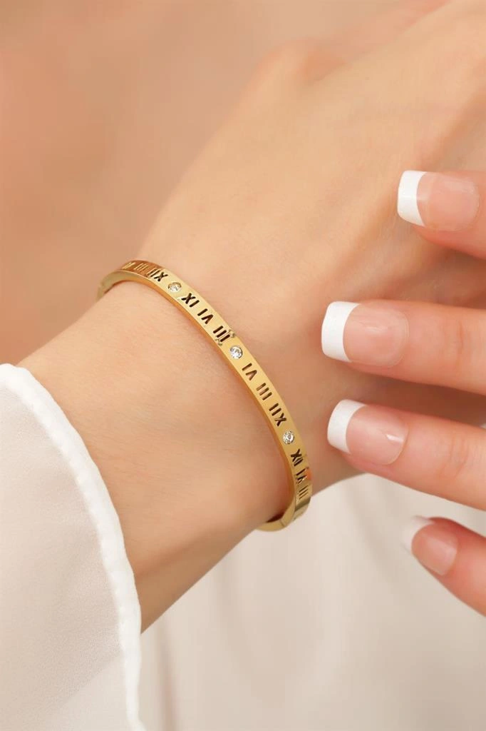 Roma Rakam İnce Taşlı Altın Çelik Bileklik Altın