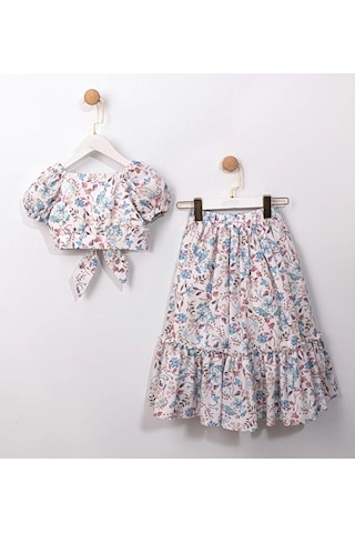 Ministok Alice Çiçek Desenli Kız Çocuk Crop Blüz Etek Takım Mavi