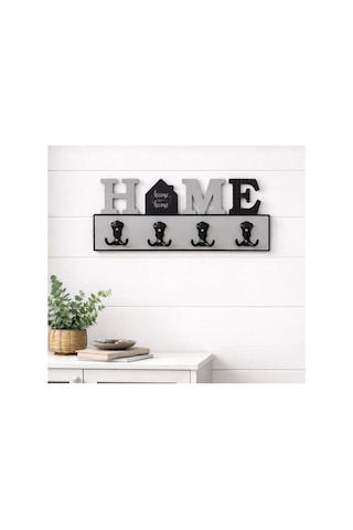 Vintage Duvar Askılığı 45x20 Cm,mdf Gövde Sert Plastik 8 Kancalı Askı,çok Amaçlı Montajlı Askı Gri