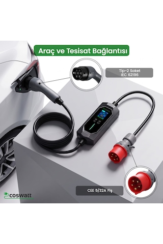 Coswatt Taşınabilir EV Şarj Cihazı CS-P3-32A / 22kW / 5m / Türkçe / 380V AC / Tip-2 / 5x32A CEE / Ev Tipi Dönüştürücü / Çanta