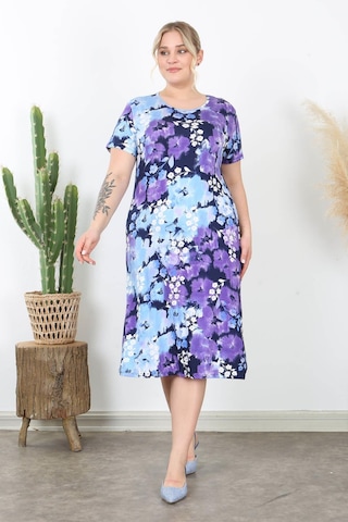 Kadın Mavi Mor Kırçiçeği Desen Midi Elbise Mavi