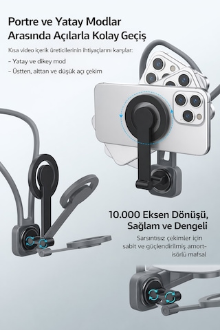 Exenar - Gri - Manyetik Boyun Telefon Tutucu Magsafe Portatif Boyun Askısı Video Çekim Aparat 360 Ayarlanabilir Açık Gri