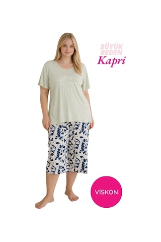 Büyük Beden Düğmesiz Viskon Kısa Kol Geniş Paça Kapri Pijama Takımı-geniş Beden Aralığı Büyük Kalıp Açık Yeşil