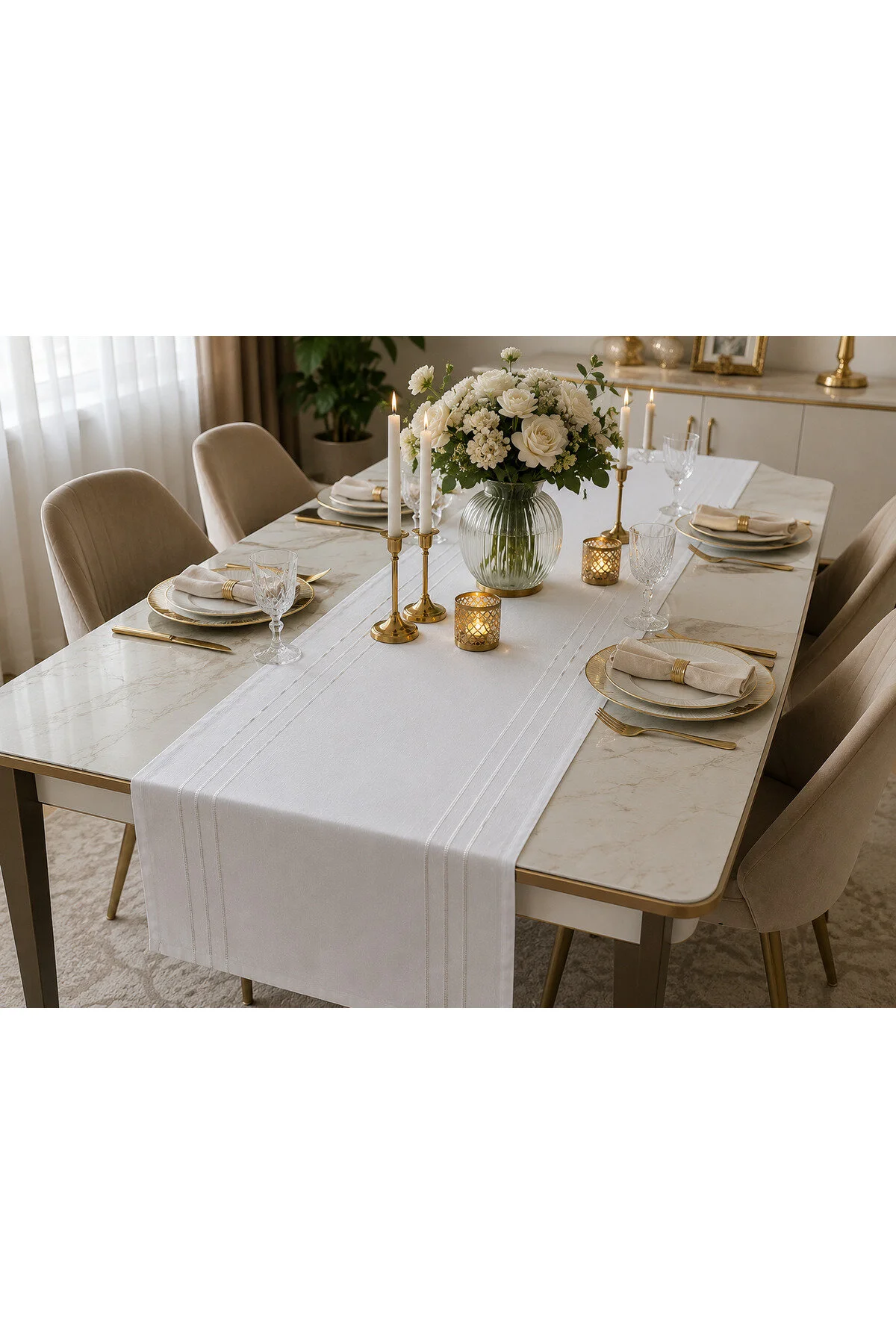 %100 Polyester Dertsiz Leke Tutmaz Şerit Desenli Runner Masa Örtüsü 34x200 Cm Beyaz
