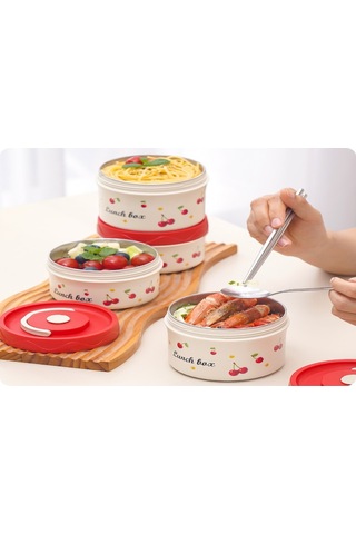 Moveevo 1050ml Çelik Isı Saklama Yemek Kutusu, Çift Katlı Öğrenci Bento, Kiraz Desenli, Isı Yelpazesi Ve Besteği İle 440ml+600ml Beyaz - Kırmızı