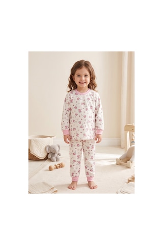 Deniva Kids Kız Çocuk Pembe Sevimli Desenli %100 Pamuklu Ribanalı Uzun Kollu Pijama Takımı Beyaz - Pembe