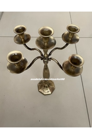 Dmr Dekoratif El Yapımı Pirinç Şamdan 5 Li Mumluk 5 Kollu Şamdan 38 Cm Sarı Pirinç