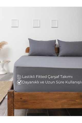 Antrasit Lastikli Çarşaf Takımı Fitted Pamuklu Kumaş Yastık Kılıflı
