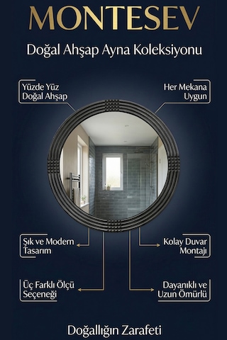 Safir Siyah Dekoratif Ayna Yuvarlak Işlemeli Duvar Aynası 43 Cm Siyah
