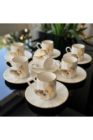 Çnr Home Collection Flora Luxe Serisi Altin Yaldizli Porselen Kahve Fincan & Tabaği - Çiçek Ve Kelebek Detayli 3 Model Altin