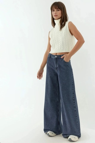 Hiccup Yüksek Bel Geniş Bacaklı Kot Pantolon Koyu Mavi Denim