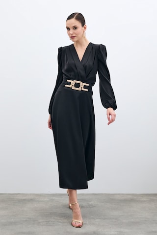 Sateen Bel Aksesuarlı Saten Krep Etek - Siyah-135688 Siyah