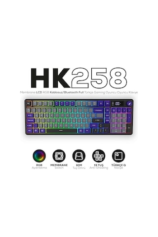 Hawk Gaming Hk258 Membrane Lcd Rgb Kablosuz/bluetooth Siyah Turuncu Full Türkçe Gaming Klavye Gri Mor