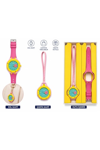 Duostyle 2'si 1 Arada Analog Kol Saati Ve Çanta Saati Silikon Kordonlu Unisex Pembe