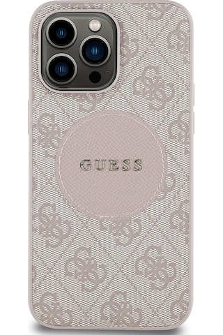 Apple Uyumlu iPhone 14 Pro Max Kılıf Guess Lisanslı M-safe Şarj Özellikli Yazı Logolu Circle Classic Kapak Pembe