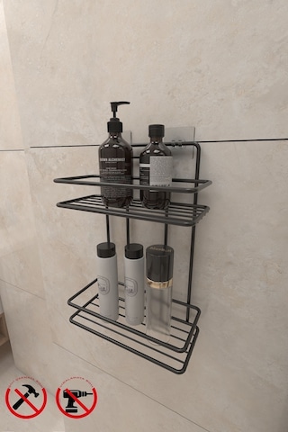 Alper Banyo Siyah 2 Katlı Düz Banyo Şampuanlığı, Yapışkanlı