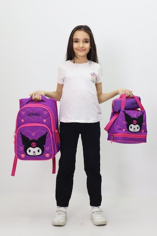 Kuromi Tasarımlı Çocuk 3 Lü Okul Çanta Sırt Çantası Termal Beslenme Çantası Kalemlik Yeni Sezon Mor