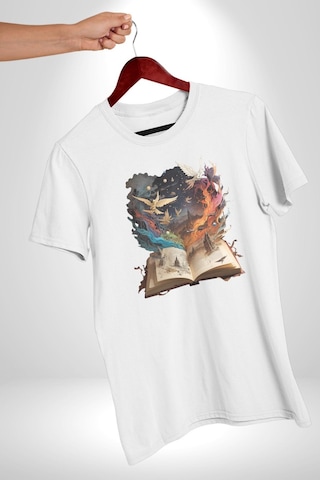 Hikaye Roman Kitabı Gerçekleşti Unisex Unisex Beyaz Organik Baskılı T-shirt Penye Yüksek Kalite Beyaz