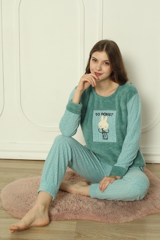 Fawn 3300 Peluş Welsoft Polar Kışlık Sevimli Tavşanlı Kadın Pijama Takımı Yeşil