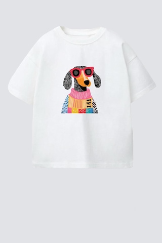 Monila Kız Çocuk Köpek Baskılı Pamuklu Bisiklet Yaka T-shirt Ekru