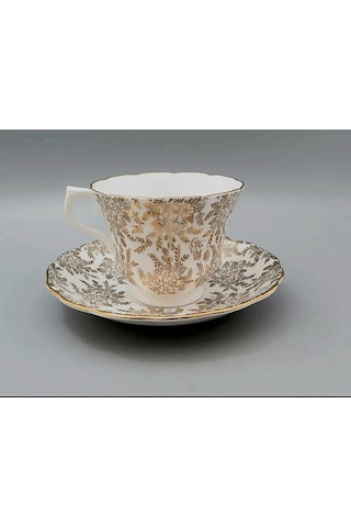 Vintage Porselen Çay Fincanı Ve Tabağı Seti, Altın Yaprak Desenli, Beyaz Ve Gri Çok Renkli
