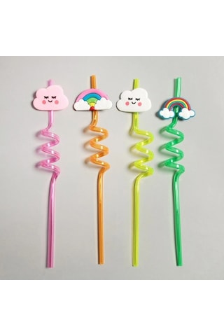 5 Parça Renkli Pipet Seti - Emojili Kokteyl- Çuk Pipeti Temizleme Fırçalı +0