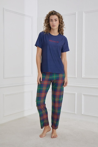 Kompedan Kadın Ekose Desenli Bisiklet Yaka Pijama Takım Lacivert 30102-1281 Lacivert