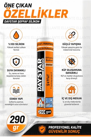 Daystar Şeffaf Silikon Mastik 290 Gr Güçlü Yapışma Suya Dayanıklı Banyo Mutfak Cam Pvc İç Ve Dış Mek Çok Renkli