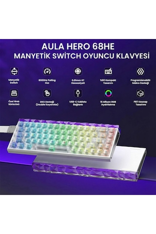 Aula Hero 68 He Manyetik Klavye Rapid Trigger Silver Switch 8000hz Rgb Neon Tkl Hot Swap Oyuncu Klavyesi Şeffaf