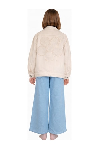 İrem Çocuk Giyim Kız Çocuk Çiçek Püskül Detaylı Ceket Geniş Paça Pantolon Sweatshirt Üçlü Krem Renk Bayramlık Takım Krem