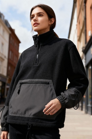 Tommy Life Siyah Etek Ucu Büzgülü Yarım Fermuarlı Oversize Kadın Polar Sweatshirt - 97238 Siyah