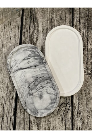 2'li Dekoratif Oval Sunumluk Seti, Dekoratif Biblo Takı Tabağı, Saksılık,tütsülük,mumluk - Krem-mermer Desenli
